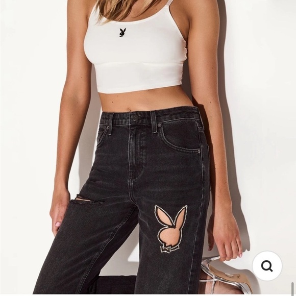 NWT Playboy High Rise Wide Leg Jeans Rhinestone Bunny Cut Out Sz 29 - Picture 3 of 16
